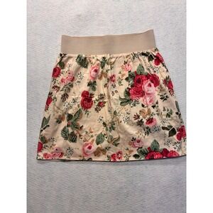 Basement Floral Mini Skirt Cottagecore Rose Print Elastic Waist Large Pink Red